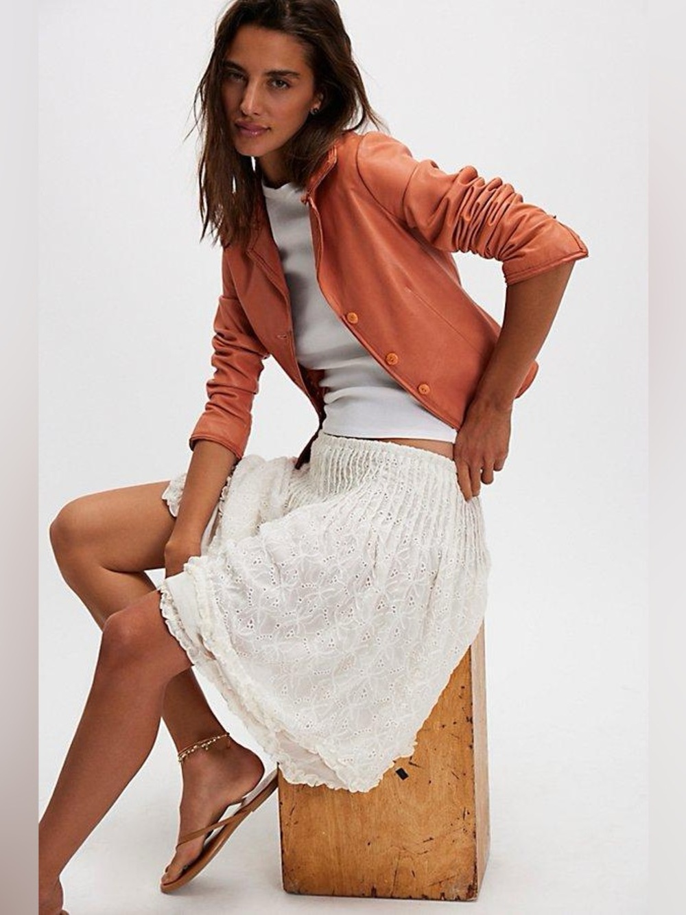 New Free People Sanderson Tea Ivory Smocked Midi Lace Skirt sz L